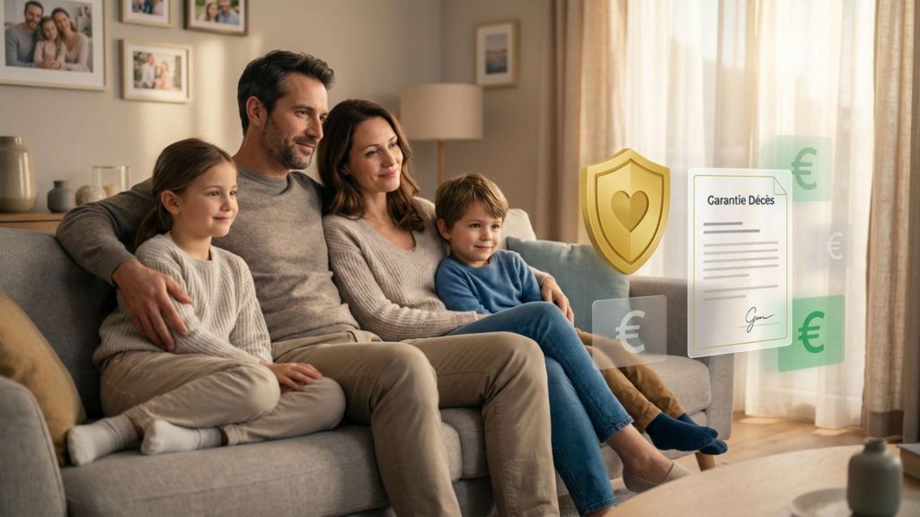 Famille française sereine protégée par une garantie décès avec interface numérique de sécurité financière