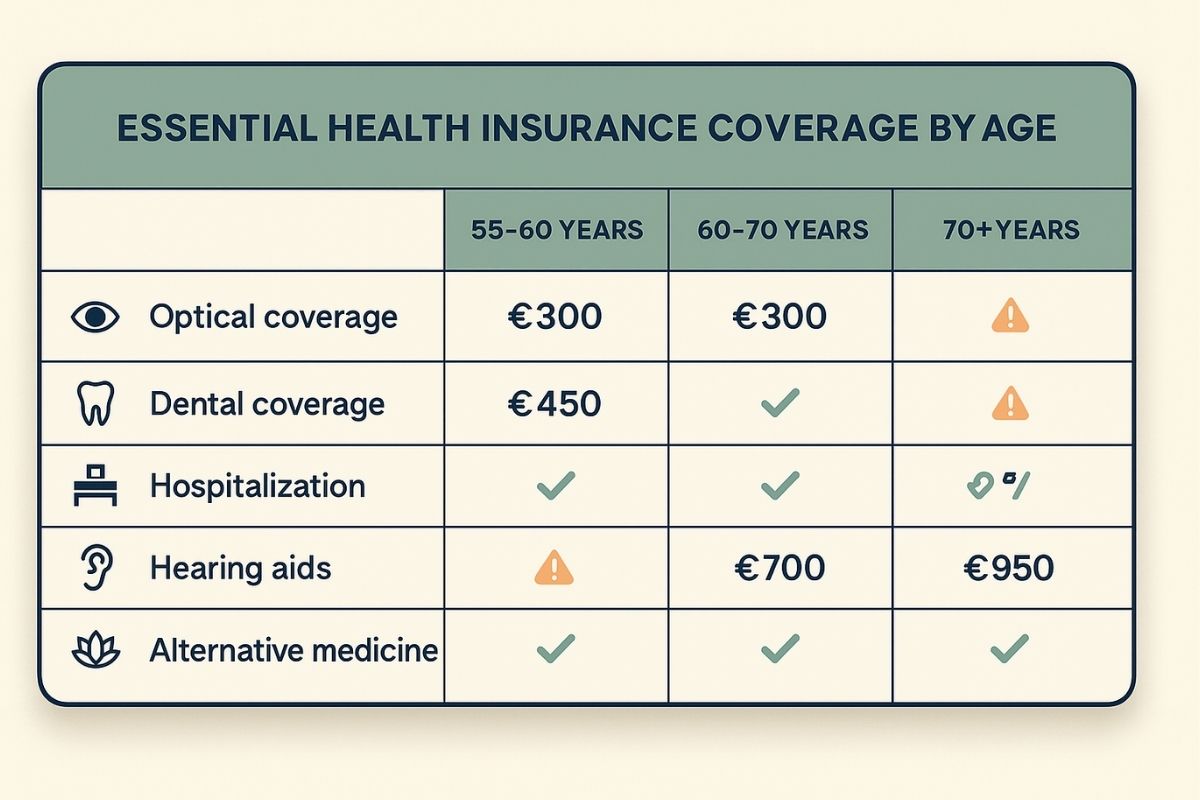 Tableau comparatif des garanties mutuelle senior recommandées selon trois tranches d'âge : 55-60 ans, 60-70 ans et plus de 70 ans