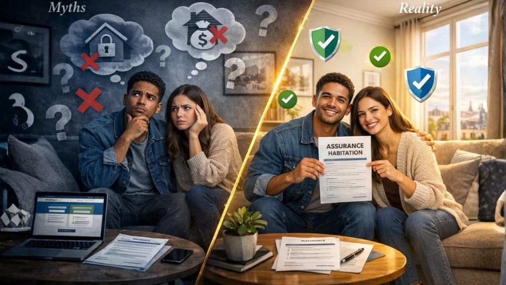 Couple confrontant mythes et réalités sur garanties obligatoires assurance habitation avec symboles vrai faux et contrat MRH
