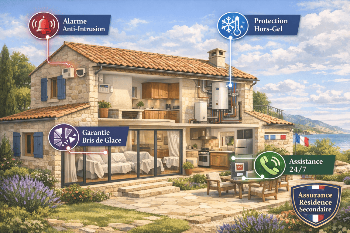 Illustration d'une maison de vacances avec icônes des quatre garanties essentielles pour assurance résidence secondaire
