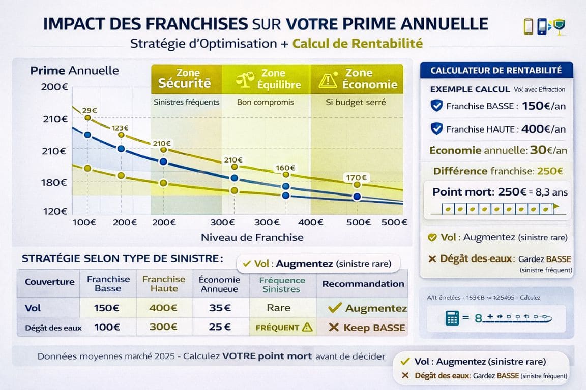 Graphique montrant impact différents niveaux de franchise sur prix annuel assurance avec calcul rentabilité
