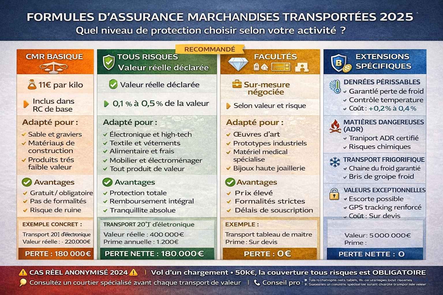 Tableau comparatif exhaustif des quatre formules d'assurance marchandises transportées pour poids lourds : CMR basique à 11€/kg (gratuit mais insuffisant), Tous Risques à 0,1-0,5% de la valeur (recommandé), Facultés sur-mesure pour marchandises exceptionnelles, et Extensions spécifiques (denrées périssables, matières dangereuses ADR, frigorifique). Inclut un cas réel dramatique de vol de smartphones à 1,2M€ avec seulement 132K€ d'indemnisation CMR ayant causé la faillite de l'entreprise, démontrant qu'une prime tous risques de 3 500€ aurait sauvé le transporteur.