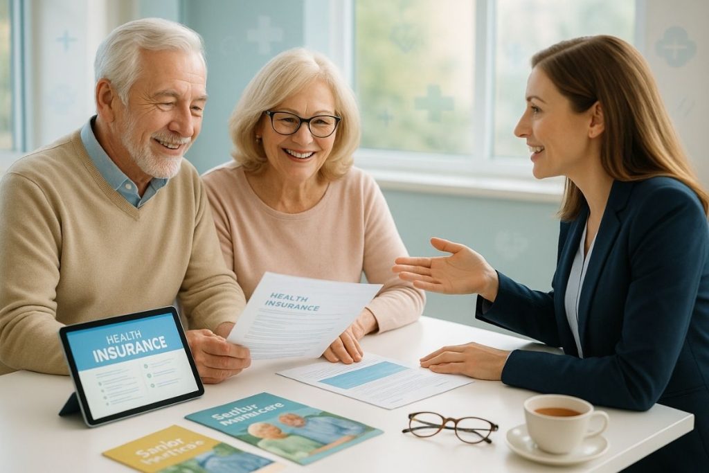 Couple de seniors consultant un conseiller en mutuelle santé dans un bureau lumineux et accueillant