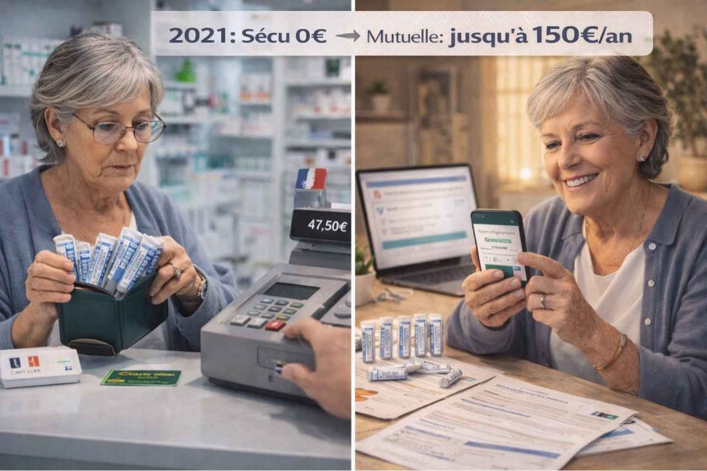 Senior française comparant le coût de l'homéopathie en pharmacie (47,50 euros) avec le remboursement de sa mutuelle santé (120 euros par an) montrant tubes Arnica et Oscillococcinum