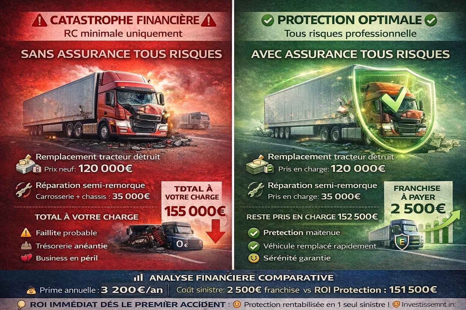 Infographie comparative détaillée illustrant l'impact financier d'un accident responsable sur un camion poids lourd neuf de 120 000€ : sans assurance tous risques, le transporteur doit payer 155 000€ (remplacement tracteur + réparation semi) risquant la faillite immédiate ; avec assurance tous risques, seule une franchise de 2 500€ est due, l'assureur prenant en charge 152 500€, pour une prime annuelle de 3 200€ soit 9€ par jour, démontrant un ROI immédiat et une économie de 151 500€ dès le premier sinistre.