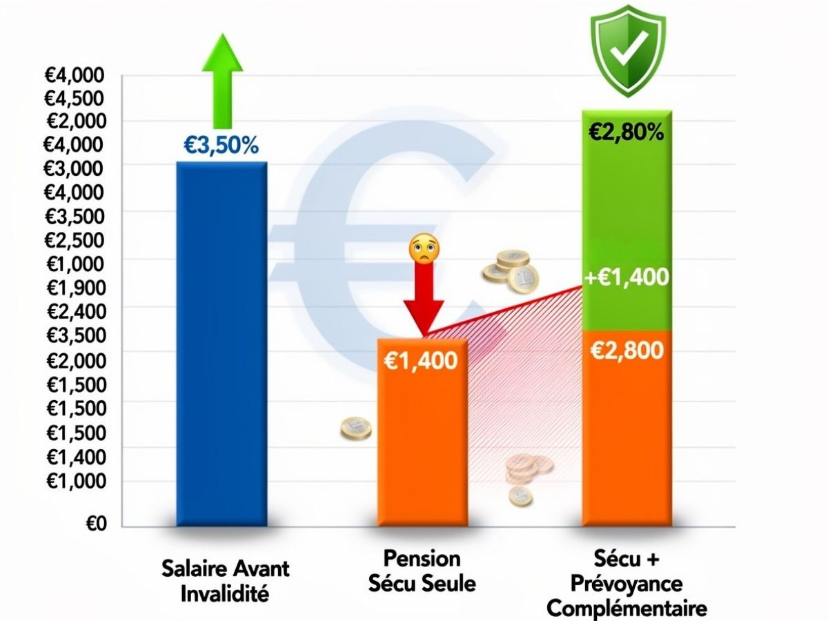 Graphique en barres comparant le salaire avant invalidité, la pension Sécurité Sociale seule et la pension avec prévoyance complémentaire