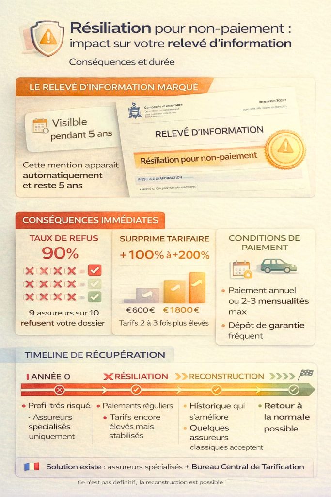 Infographie montrant impact résiliation pour non-paiement sur relevé d'information : 90% de refus, tarifs doublés, mention visible 5 ans, avec timeline de récupération sur 5 ans