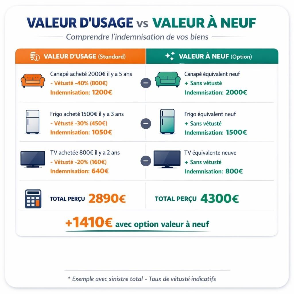 Tableau comparatif indemnisation assurance habitation valeur usage avec vétusté versus valeur neuf exemples chiffrés canapé frigo télévision