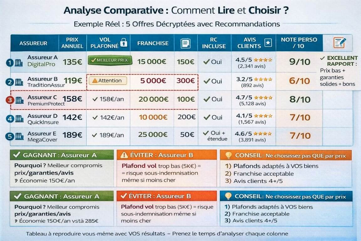 Tableau comparatif éducatif de cinq offres d'assurance habitation avec analyses et recommandations annotations