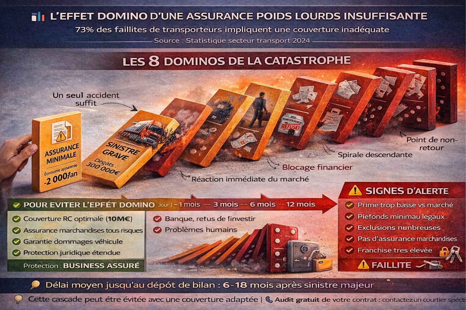Infographie en dominos 3D illustrant l'effet cascade catastrophique d'une assurance poids lourds insuffisante : démarrant par une économie apparente de 2 000€ sur les primes (domino 1), suivi d'un sinistre grave de 300 000€ (domino 2), provoquant l'asphyxie de la trésorerie avec 395 000€ de sortie (domino 3), la perte de crédibilité clients (domino 4), le refus de financement bancaire (domino 5), les difficultés de recrutement (domino 6), la perte de 60% du chiffre d'affaires (domino 7), jusqu'au dépôt de bilan final (domino 8), le tout survenant en moyenne 6 à 18 mois après le sinistre initial selon les statistiques du secteur indiquant que 73% des faillites de transporteurs sont liées à une couverture inadéquate.