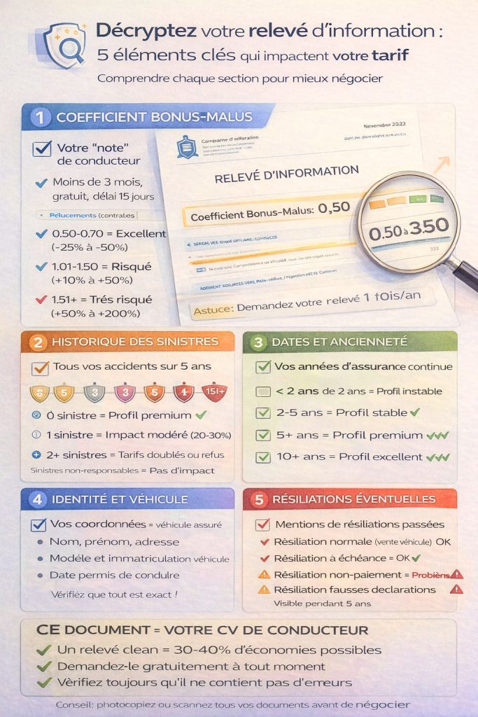 Infographie complète décryptant les 5 éléments clés d'un relevé d'information d'assurance auto : coefficient bonus-malus, historique sinistres, ancienneté, identité véhicule et résiliations avec impact sur tarifs