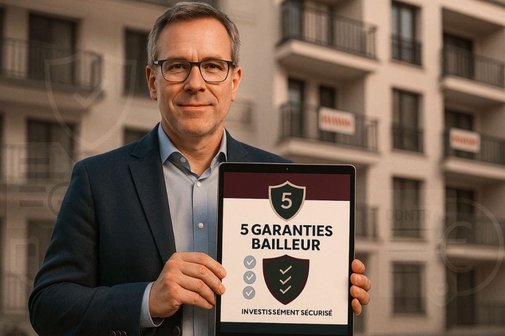 Propriétaire bailleur professionnel devant immeuble locatif consultant sur tablette les 5 garanties essentielles d'assurance