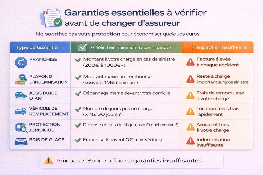 Tableau comparatif des 8 garanties essentielles d'assurance auto à vérifier avant de changer d'assureur : franchise, plafonds, assistance, véhicule de remplacement, protection juridique
