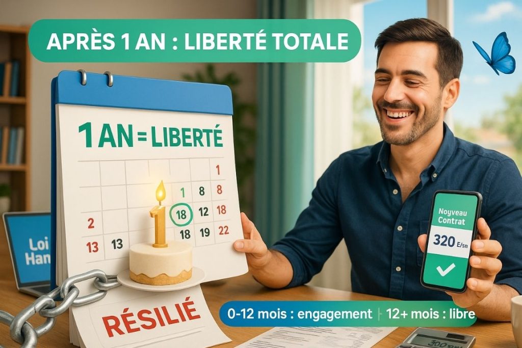 Personne française souriante et confiante à son bureau avec ordinateur portable et calendrier montrant le jalon de 12 mois, entourée de documents d'assurance automobile et comparaisons de prix, illustrant la liberté de résilier son assurance auto après un an grâce à la loi Hamon