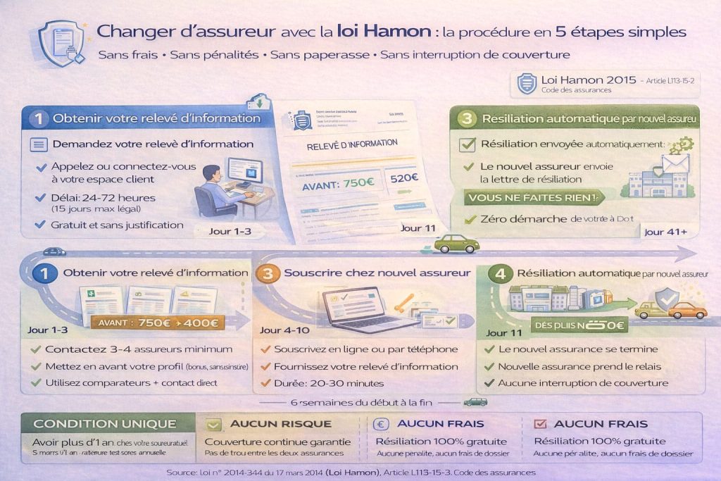 Timeline en 5 étapes du processus de changement d'assurance auto avec la loi Hamon : obtenir relevé d'information, comparer offres, souscrire nouveau contrat, résiliation automatique par nouvel assureur, activation couverture sans interruption