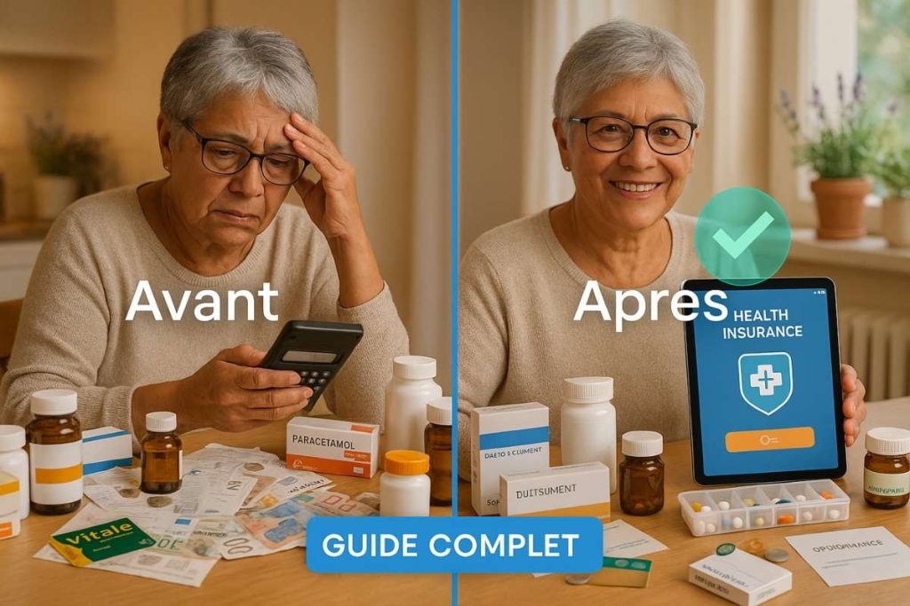 Image avant-après montrant senior français passant de l'inquiétude face aux coûts médicaments non remboursés à la sérénité grâce aux solutions mutuelle et alternatives