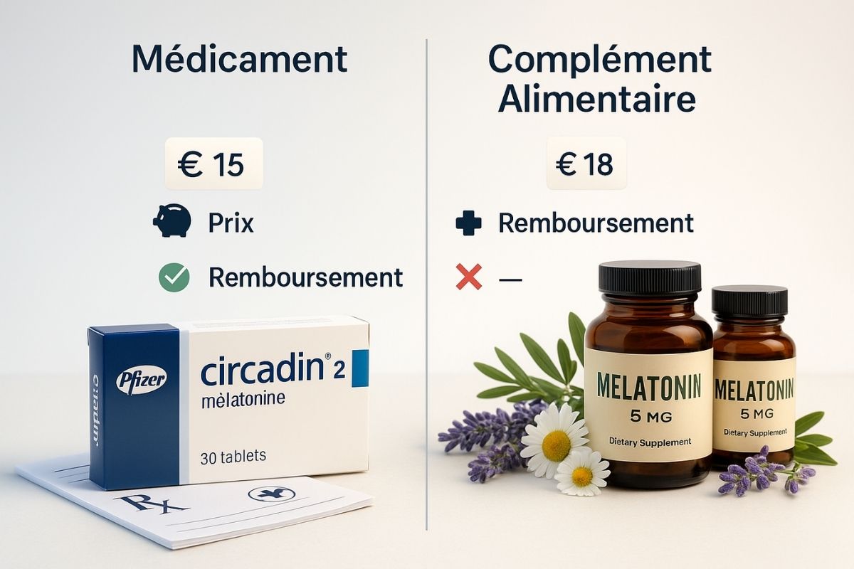 Tableau comparatif entre mélatonine médicament Circadin remboursée et compléments alimentaires non remboursés