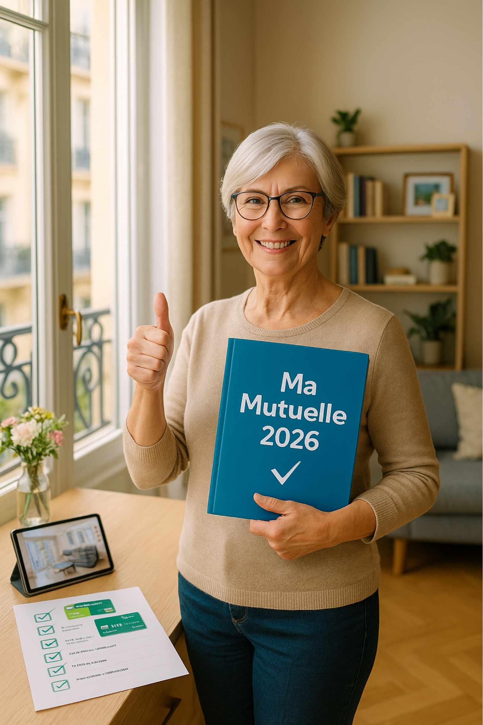 Senior femme confiante et satisfaite tenant son dossier mutuelle complété avec succès