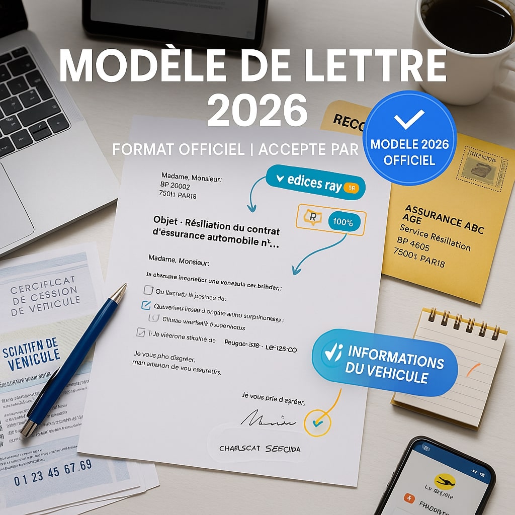 Vue en plongée sur un bureau organisé montrant une lettre de résiliation d'assurance automobile complétée au format français officiel 2026, accompagnée d'un stylo, d'une enveloppe recommandée jaune La Poste, de documents justificatifs et d'un smartphone, illustrant le kit complet pour résilier son assurance auto