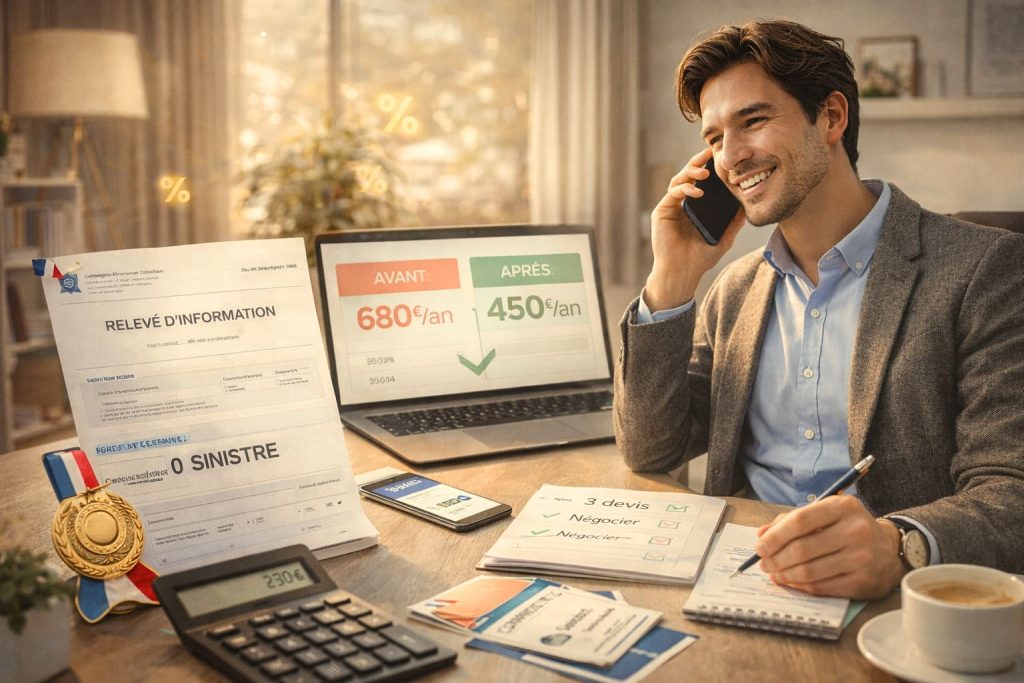 Personne souriante négociant son assurance auto au téléphone avec relevé d'information sans sinistre, écran montrant économies de 230 euros réalisées grâce à la négociation