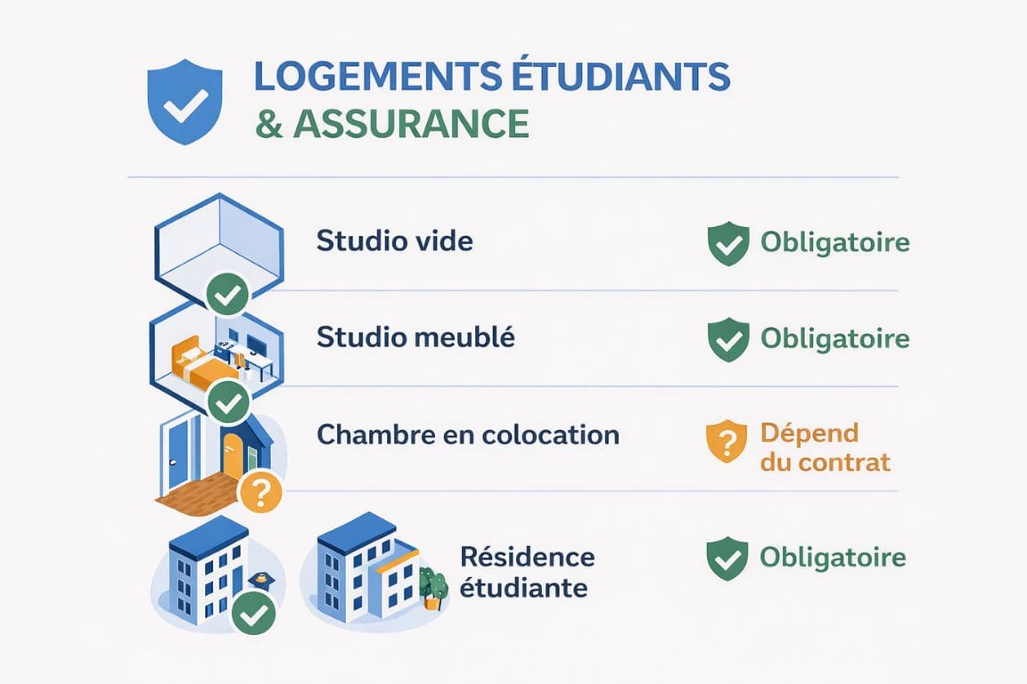 Infographie comparative des obligations d'assurance selon les types de logement étudiant