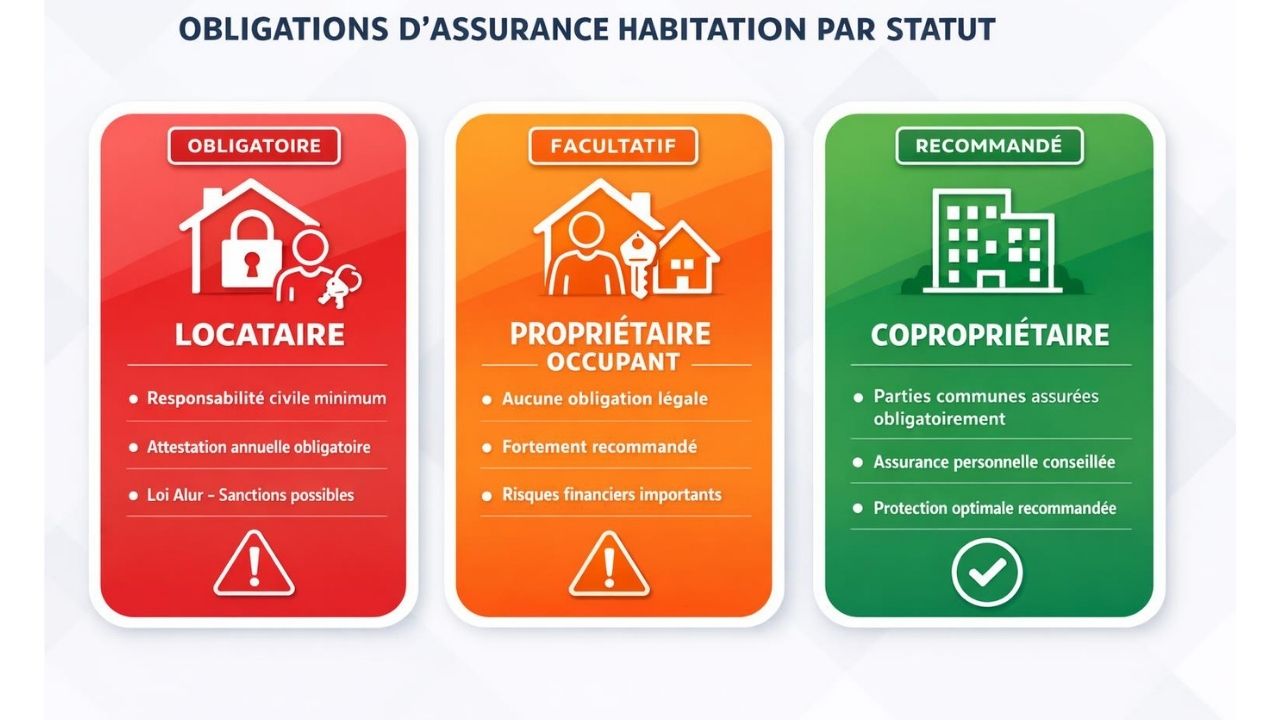 Infographie obligations assurance habitation selon statut locataire propriétaire occupant copropriétaire avec code couleur obligatoire facultatif recommandé
