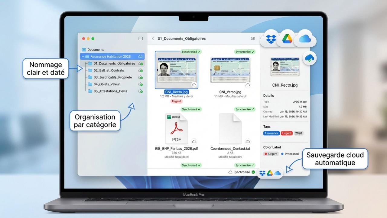 Organisation dossier numérique documents assurance habitation avec structure dossiers fichiers nommage clair sauvegarde cloud synchronisation