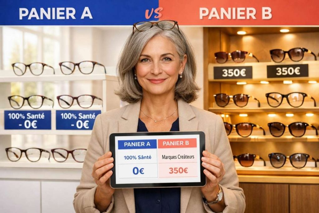 Comparaison panier A et panier B lunettes 100% Santé 0 euros vs 350 euros femme senior opticien France