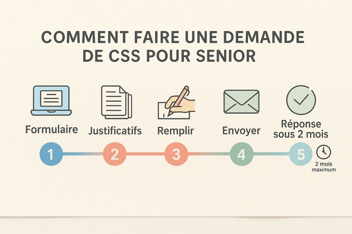 Schéma chronologique en 5 étapes illustrant le processus complet de demande de CSS pour seniors, du formulaire à la réponse en 2 mois maximum