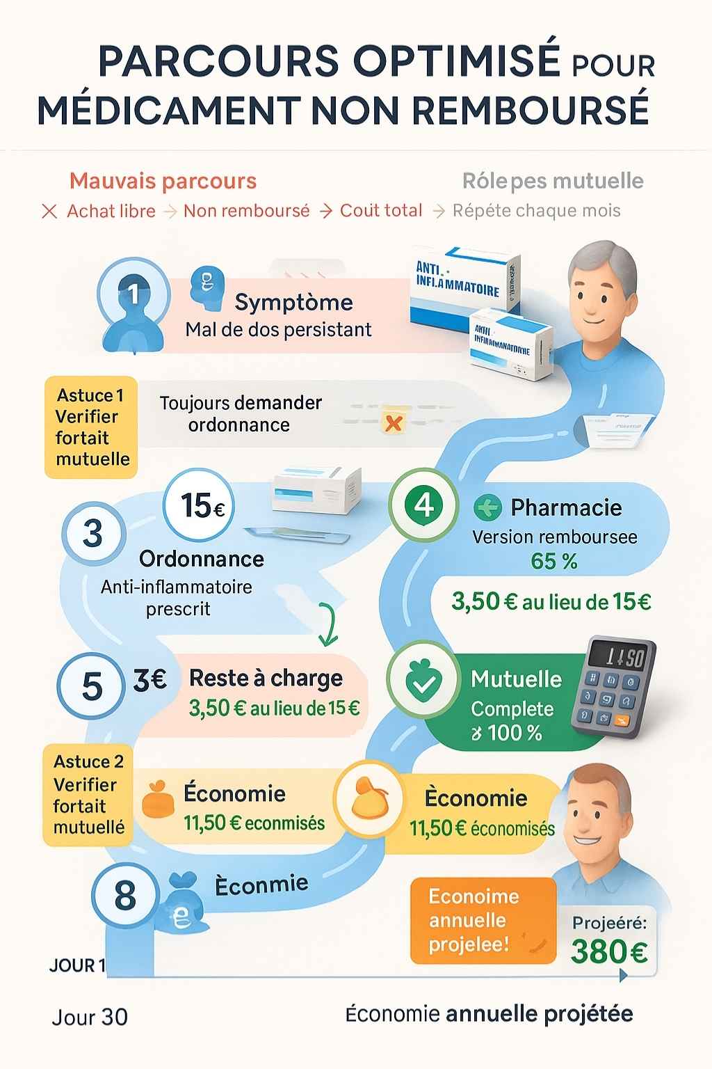 Schéma parcours patient optimisé en 8 étapes montrant comment économiser sur médicaments : consultation, ordonnance, pharmacie remboursée, mutuelle, jusqu'à 380€ économies annuelles