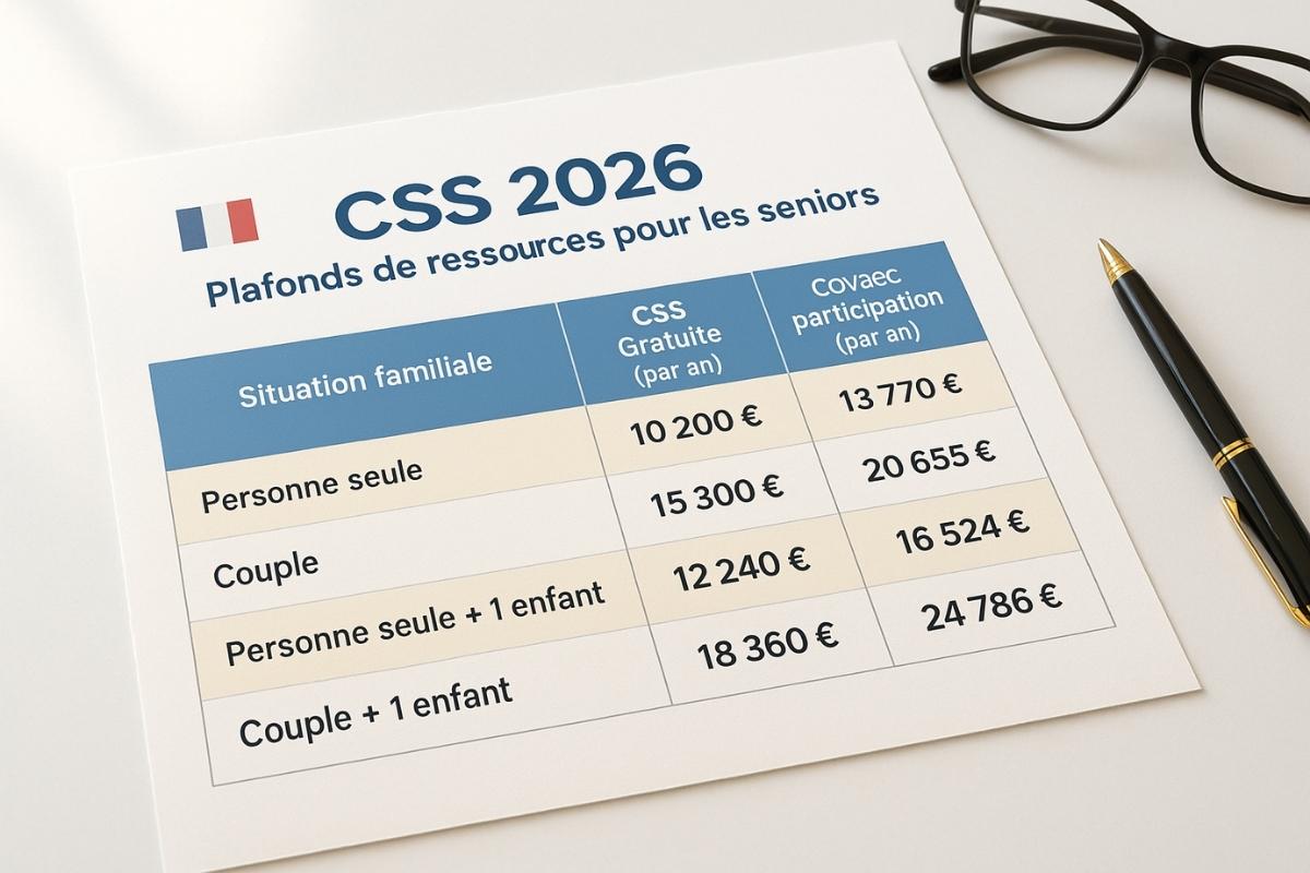 Tableau détaillé des plafonds de ressources CSS 2026 par situation familiale montrant les seuils de gratuité et de participation financière pour les seniors