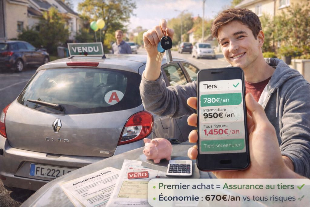Jeune conducteur fier près première voiture compacte d'occasion Clio avec smartphone montrant choix assurance au tiers 780€ contre tous risques 1450€ économie 670€ par an