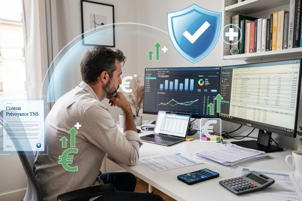 Travailleur indépendant TNS à son bureau avec interface numérique de protection prévoyance et bouclier de sécurité financière