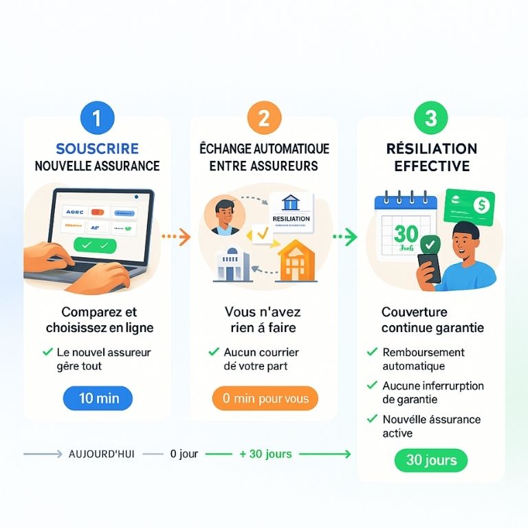 Infographie en 3 étapes montrant le processus simplifié de résiliation d'assurance automobile après un an via la loi Hamon : souscrire nouvelle assurance, échange automatique entre assureurs, résiliation effective sous 30 jours avec remboursement