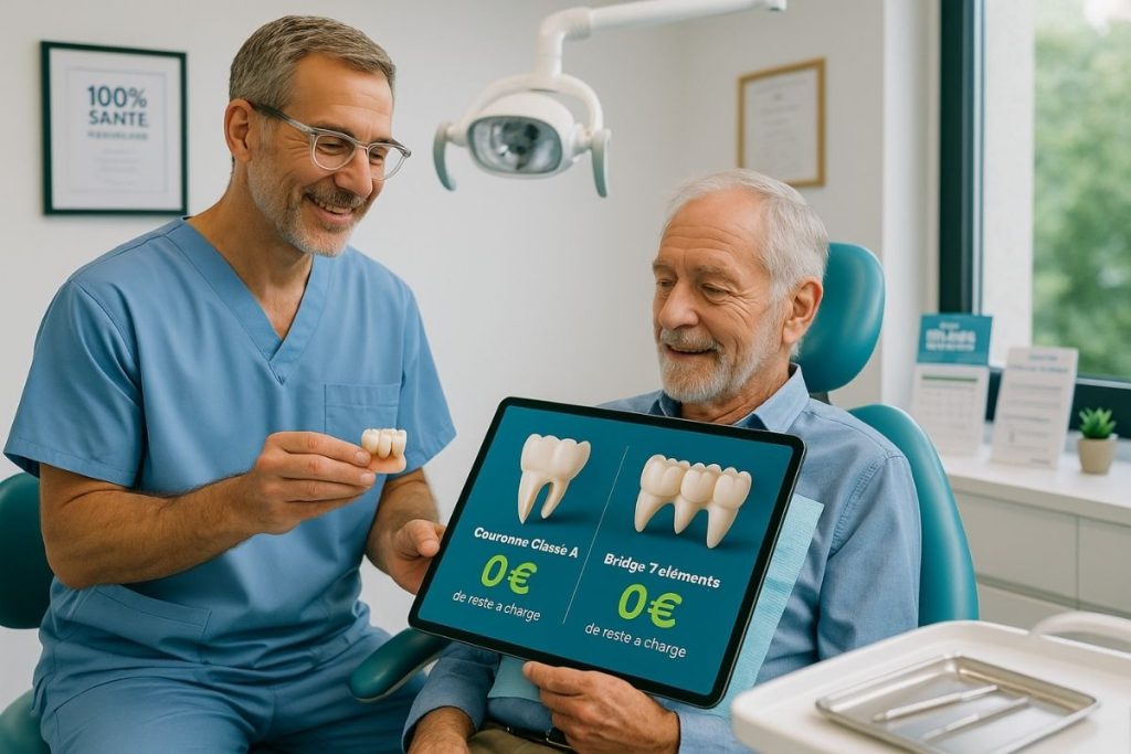 Dentiste expliquant les prothèses dentaires 100% Santé à un patient senior avec support visuel