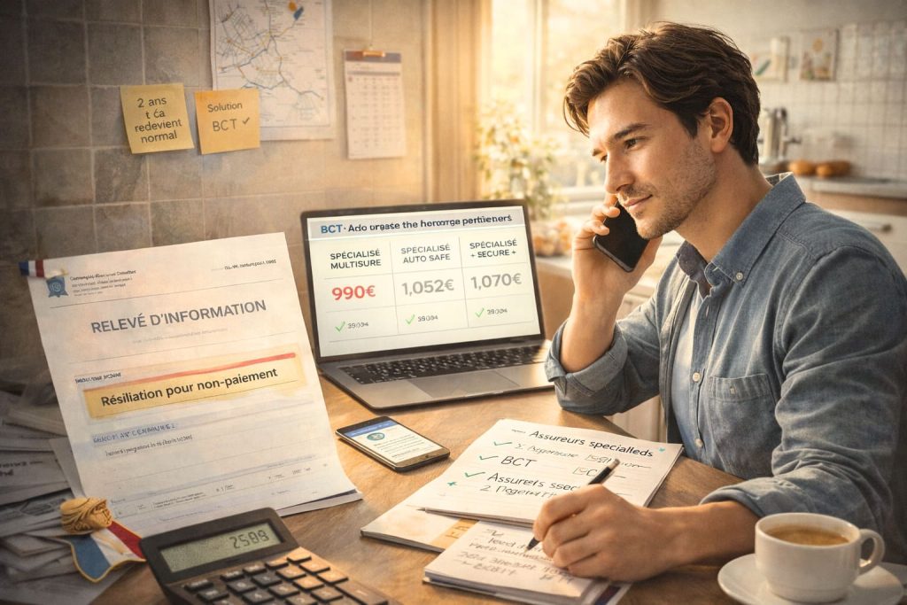 Personne déterminée cherchant solutions d'assurance auto après résiliation pour non-paiement, consultant relevé d'information et comparant assureurs spécialisés sur ordinateur