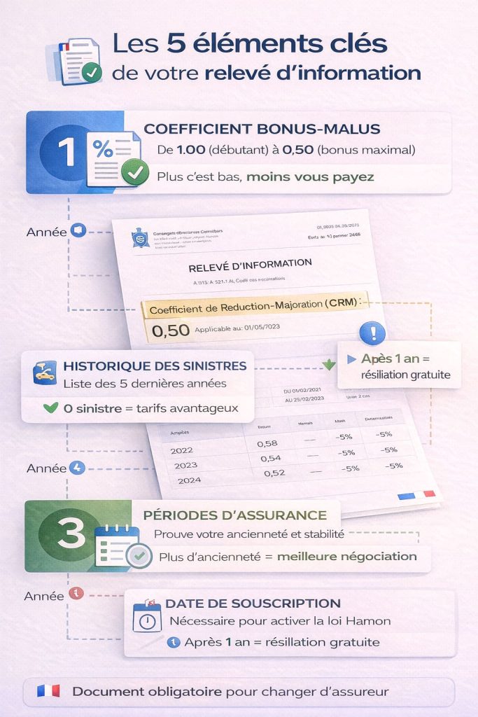 Infographie détaillant les 5 éléments essentiels d'un relevé d'information d'assurance auto : bonus-malus, sinistres, périodes d'assurance, date de souscription et résiliations