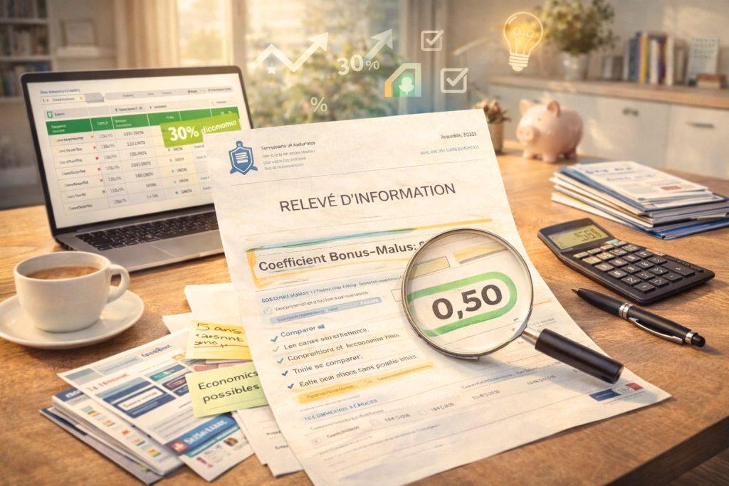 Bureau avec relevé d'information d'assurance auto, ordinateur montrant comparatif d'offres avec 30% d'économies, calculatrice et documents organisés pour optimiser son assurance automobile