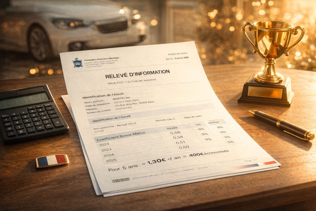 Relevé d'information assurance auto sans sinistre posé sur un bureau avec trophée doré symbolisant les économies réalisables grâce à un bon historique de conduite