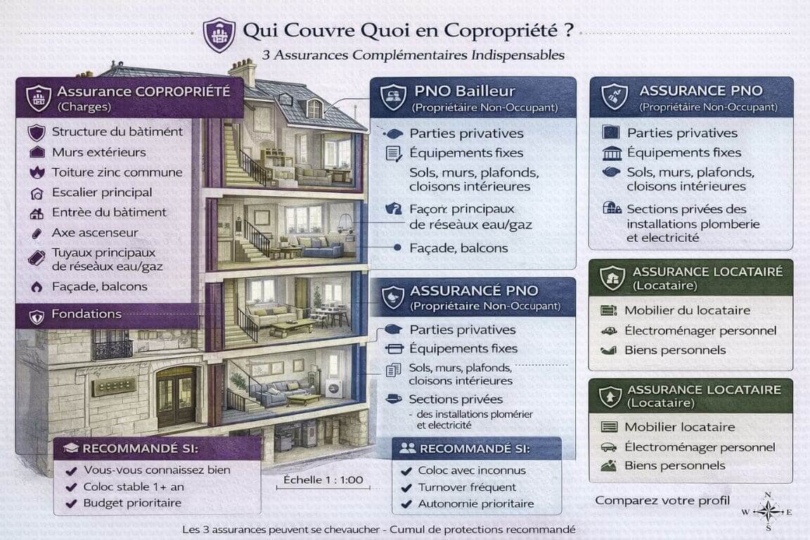 Schéma architectural en coupe d'immeuble montrant répartition des trois types d'assurance : copropriété, PNO et locataire