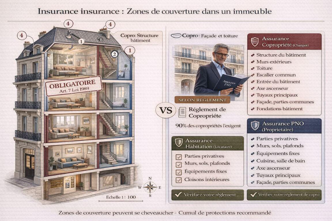 Schéma architectural en coupe d'immeuble copropriété montrant répartition couvertures assurance PNO, copropriété et locataire