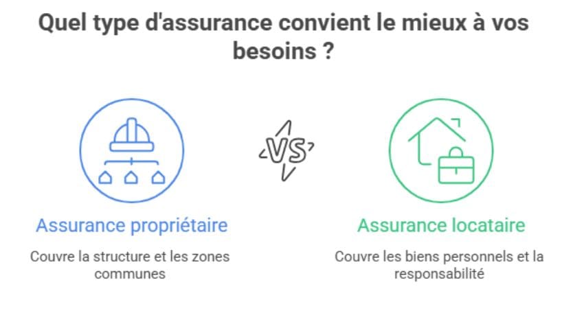 Schéma en coupe d'immeuble locatif montrant zones de couverture assurance PNO propriétaire versus assurance locataire