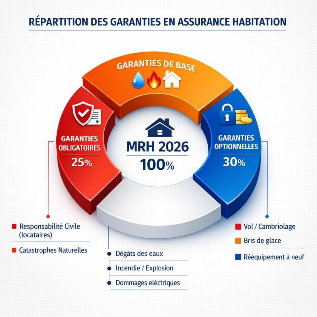 Diagramme circulaire répartition garanties assurance habitation obligatoires base optionnelles responsabilité civile vol catastrophe naturelle