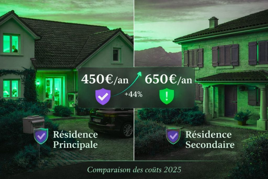 Comparaison visuelle entre résidence principale occupée et résidence secondaire vide avec différence de prix d'assurance