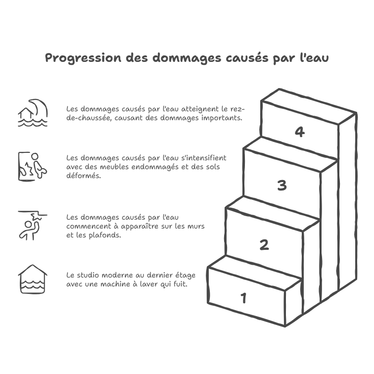 Illustration en coupe d'un immeuble montrant les dégâts causés par une fuite d'eau dans un studio étudiant