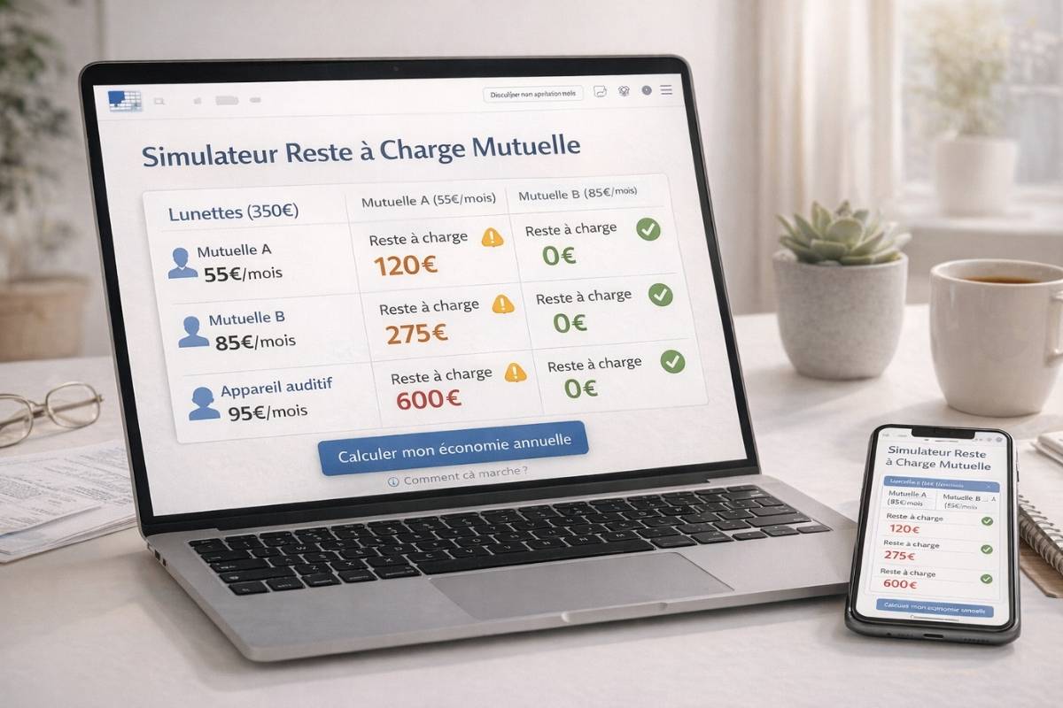 Capture écran simulateur en ligne de reste à charge mutuelle santé comparant deux mutuelles pour lunettes, couronne dentaire et appareil auditif