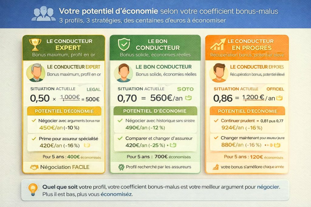Simulation 3 profils conducteurs avec coefficient bonus-malus : expert 0.50 économie 80€, bon conducteur 0.70 économie 140€, progression 0.86 économie 152€ plus évolution bonus