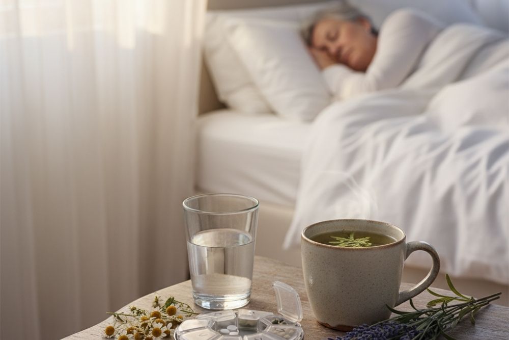 Chambre paisible avec médicaments et alternatives naturelles sur table de chevet pour seniors