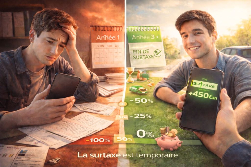 Timeline surtaxe jeune conducteur montrant évolution 3 ans : année 1 majoration 100% à 1200€, année 2 à 50%, année 3 à 25%, fin surtaxe tarif normal 450€ avec jeune soulagé
