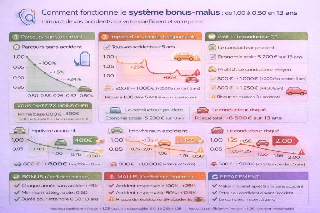 Schéma détaillé du système bonus-malus assurance auto français montrant évolution coefficient de 1.00 à 0.50 en 13 ans sans accident et impact des sinistres responsables avec exemples chiffrés